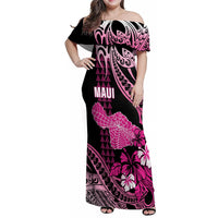 Hawaii Maui Upena Kiloi Family Matching Off Shoulder Maxi Dress and Hawaiian Shirt Kakau Tribal Pattern Pink Version