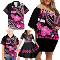 Hawaii Maui Upena Kiloi Family Matching Off Shoulder Short Dress and Hawaiian Shirt Kakau Tribal Pattern Pink Version