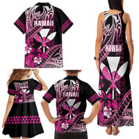 Hawaii Maui Upena Kiloi Family Matching Tank Maxi Dress and Hawaiian Shirt Kakau Tribal Pattern Pink Version