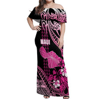Hawaii Maui Upena Kiloi Off Shoulder Maxi Dress Kakau Tribal Pattern Pink Version