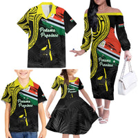 Personalised Vanuatu Penama Day Family Matching Off The Shoulder Long Sleeve Dress and Hawaiian Shirt Grunge Flag Style - Polynesian Pride
