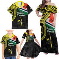 Personalised Vanuatu Penama Day Family Matching Off Shoulder Maxi Dress and Hawaiian Shirt Grunge Flag Style - Polynesian Pride