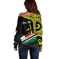 Personalised Vanuatu Penama Day Off Shoulder Sweater Grunge Flag Style - Polynesian Pride