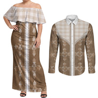 Beige Hawaii Paniolo Quilt Motif Couples Matching Off Shoulder Maxi Dress and Long Sleeve Button Shirt LT05 Beige - Polynesian Pride