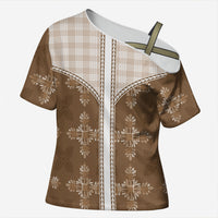 Beige Hawaii Paniolo Quilt Motif Cross Shoulder Shirt LT05 Female Beige - Polynesian Pride