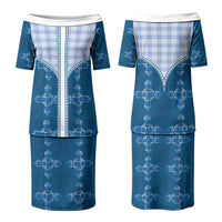 Blue Hawaii Paniolo Quilt Motif Couples Matching Puletasi and Long Sleeve Button Shirt LT05 - Polynesian Pride