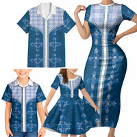 Blue Hawaii Paniolo Quilt Motif Family Matching Short Sleeve Bodycon Dress and Hawaiian Shirt LT05 - Polynesian Pride