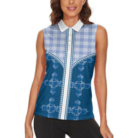 Blue Hawaii Paniolo Quilt Motif Women Sleeveless Polo Shirt LT05 - Polynesian Pride