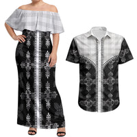 Black Hawaii Paniolo Quilt Motif Couples Matching Off Shoulder Maxi Dress and Hawaiian Shirt LT05 Black - Polynesian Pride