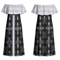 Black Hawaii Paniolo Quilt Motif Couples Matching Off Shoulder Maxi Dress and Long Sleeve Button Shirt LT05 - Polynesian Pride
