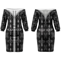 Black Hawaii Paniolo Quilt Motif Couples Matching Off The Shoulder Long Sleeve Dress and Long Sleeve Button Shirt LT05 - Polynesian Pride