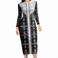 Black Hawaii Paniolo Quilt Motif Long Sleeve Bodycon Dress LT05 Long Dress Black - Polynesian Pride