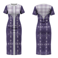 Purple Hawaii Paniolo Quilt Motif Couples Matching Short Sleeve Bodycon Dress and Long Sleeve Button Shirt LT05 - Polynesian Pride