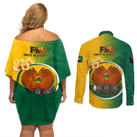 Papua New Guinea Enga Province Couples Matching Off Shoulder Short Dress and Long Sleeve Button Shirts Mix Coat Of Arms Polynesian Pattern LT05 - Polynesian Pride