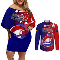 Personalized Papua New Guinea Central Province Couples Matching Off Shoulder Short Dress and Long Sleeve Button Shirts Mix Coat Of Arms Polynesian Pattern LT05 Blue - Polynesian Pride