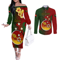 Papua New Guinea Chimbu Province Couples Matching Off The Shoulder Long Sleeve Dress and Long Sleeve Button Shirts Mix Coat Of Arms Polynesian Pattern LT05 Red - Polynesian Pride