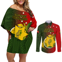Personalized Papua New Guinea Eastern Highlands Province Couples Matching Off Shoulder Short Dress and Long Sleeve Button Shirts Mix Coat Of Arms Polynesian Pattern LT05 Red - Polynesian Pride