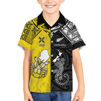 Custom New Zealand Maori And Niue Hiapo Family Matching Short Sleeve Bodycon Dress and Hawaiian Shirt Lizard And Coconut Crab Together