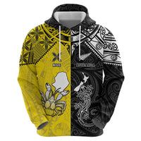 Custom New Zealand Maori And Niue Hiapo Zip Hoodie Lizard And Coconut Crab Together