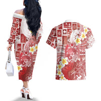 Tonga Christmas Couples Matching Off The Shoulder Long Sleeve Dress and Hawaiian Shirt Kilisimasi Fiefia Retro Style Red - Polynesian Pride