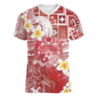 Tonga Christmas Women V-Neck T-Shirt Kilisimasi Fiefia Retro Style Red - Polynesian Pride