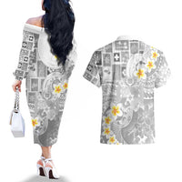 Tonga Christmas Couples Matching Off The Shoulder Long Sleeve Dress and Hawaiian Shirt Kilisimasi Fiefia Retro Style White - Polynesian Pride