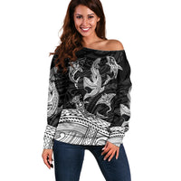 Polynesian Tribal Off Shoulder Sweater with Sharks Tattoo White LT6 Women White - Polynesian Pride
