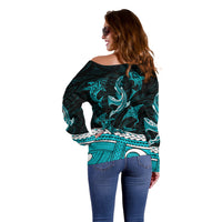 Polynesian Tribal Off Shoulder Sweater with Sharks Tattoo Green LT6 - Polynesian Pride