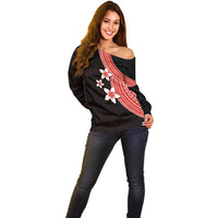Polynesian Off Shoulder Sweater With Plumeria Flower Red LT6 - Polynesian Pride