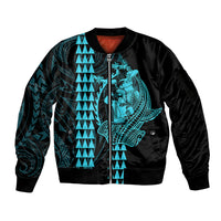 Polynesian Sleeve Zip Bomber Jacket Hawaiian Warrior and Aloha Girl With Hammerhead Shark Tattoos Light Blue LT6 Unisex Blue - Polynesian Pride
