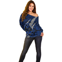 Polynesian Guam Off Shoulder Sweater with Coat Of Arms Claws Style - Blue LT6 - Polynesian Pride