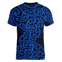 New Zealand Women V Neck T Shirt Maori Pattern Blue LT6 - Polynesian Pride