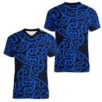 New Zealand Women V Neck T Shirt Maori Pattern Blue LT6 - Polynesian Pride