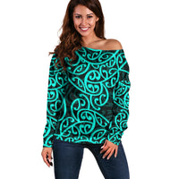 New Zealand Off Shoulder Sweater Maori Pattern Turquoise LT6 Women Green - Polynesian Pride