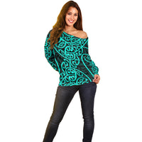 New Zealand Off Shoulder Sweater Maori Pattern Turquoise LT6 - Polynesian Pride
