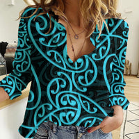 New Zealand Women Casual Shirt Maori Pattern Light Blue LT6 Female Blue - Polynesian Pride