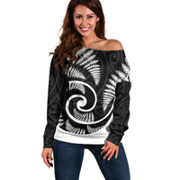 New Zealand Off Shoulder Sweater Maori With Silver Fern White LT6 Women White - Polynesian Pride