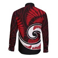 New Zealand Long Sleeve Button Shirt Maori With Silver Fern Red LT6 - Polynesian Pride