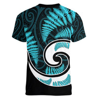 New Zealand Women V Neck T Shirt Maori With Silver Fern Light Blue LT6 - Polynesian Pride