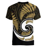 New Zealand Women V Neck T Shirt Maori With Silver Fern Gold LT6 - Polynesian Pride