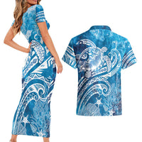 World Ocean Day Polynesian Pattern Couples Matching Short Sleeve Bodycon Dress and Hawaiian Shirt Crystal Waves