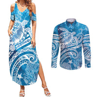 World Ocean Day Polynesian Pattern Couples Matching Summer Maxi Dress and Long Sleeve Button Shirt Crystal Waves