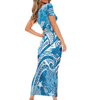 World Ocean Day Polynesian Pattern Family Matching Short Sleeve Bodycon Dress and Hawaiian Shirt Crystal Waves