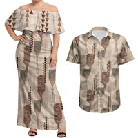 Aloha Hawaii Vintage Kahili Pa'a Lima Couples Matching Off Shoulder Maxi Dress and Hawaiian Shirt Palaka Print Cozy Beige