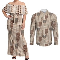 Aloha Hawaii Vintage Kahili Pa'a Lima Couples Matching Off Shoulder Maxi Dress and Long Sleeve Button Shirt Palaka Print Cozy Beige
