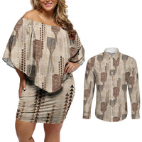 Aloha Hawaii Vintage Kahili Pa'a Lima Couples Matching Off Shoulder Short Dress and Long Sleeve Button Shirt Palaka Print Cozy Beige