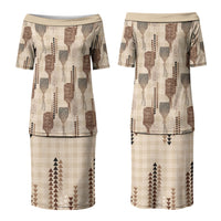 Aloha Hawaii Vintage Kahili Pa'a Lima Couples Matching Puletasi and Long Sleeve Button Shirt Palaka Print Cozy Beige