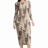Aloha Hawaii Vintage Kahili Pa'a Lima Long Sleeve Bodycon Dress Palaka Print Cozy Beige LT7 Long Dress Beige - Polynesian Pride