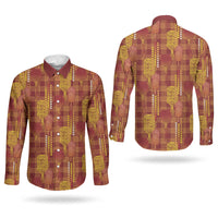 Aloha Hawaii Vintage Kahili Pa'a Lima Couples Matching Short Sleeve Bodycon Dress and Long Sleeve Button Shirt Palaka Print Hilo Royal Red-Yellow