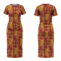 Aloha Hawaii Vintage Kahili Pa'a Lima Couples Matching Short Sleeve Bodycon Dress and Long Sleeve Button Shirt Palaka Print Hilo Royal Red-Yellow LT7 - Polynesian Pride